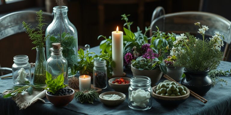 Candles, jars, and bowls with greenery and herbs arranged on a table. Soft candlelight creates a serene, natural ambiance in a rustic setting.