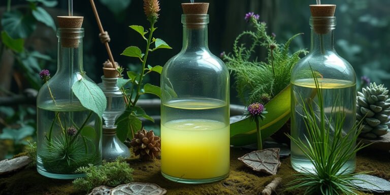 Glass bottles with cork stoppers, filled with liquids and plants, are set on a mossy surface surrounded by green foliage and pinecones.