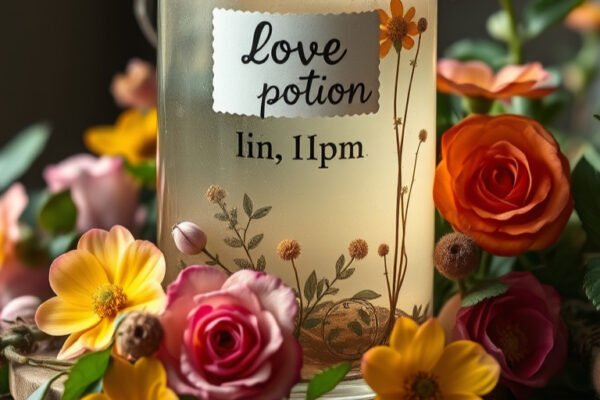 A glass jar labeled "Love potion, 11 pm" surrounded by vibrant pink, orange, and yellow flowers, creating a whimsical, romantic mood.