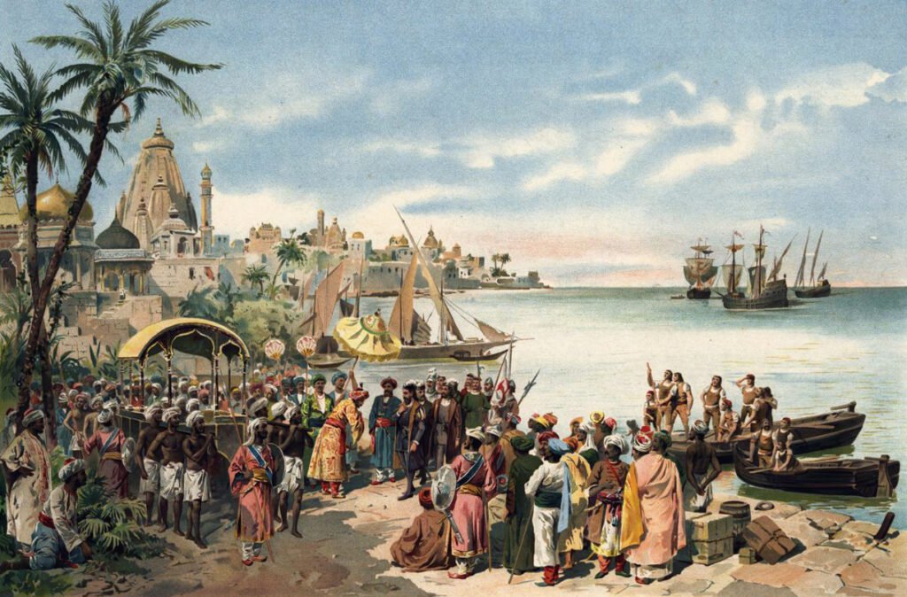 The arrival of Vasco da Gama at Calicut (Kozhikode), in 1498 (1900)